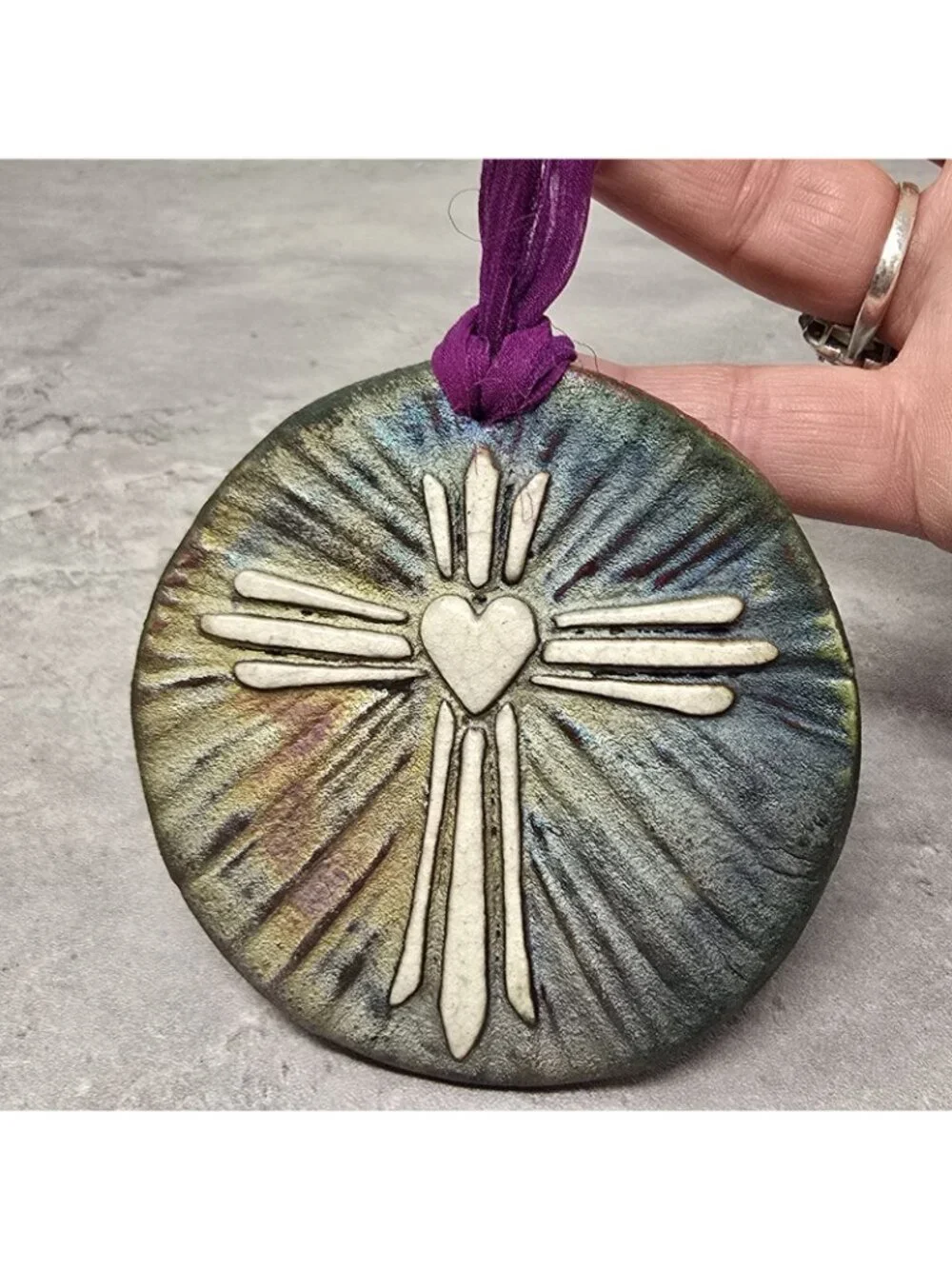 Raku Pottery Christmas Medallion Cross Signed Diller I Am Grateful Religious
